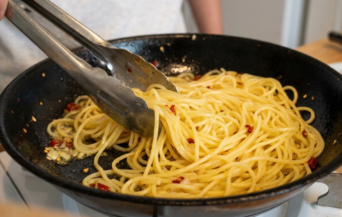 Pinces métalliques mélangeant des spaghetti dans une poêle pour créer une sauce brillante.