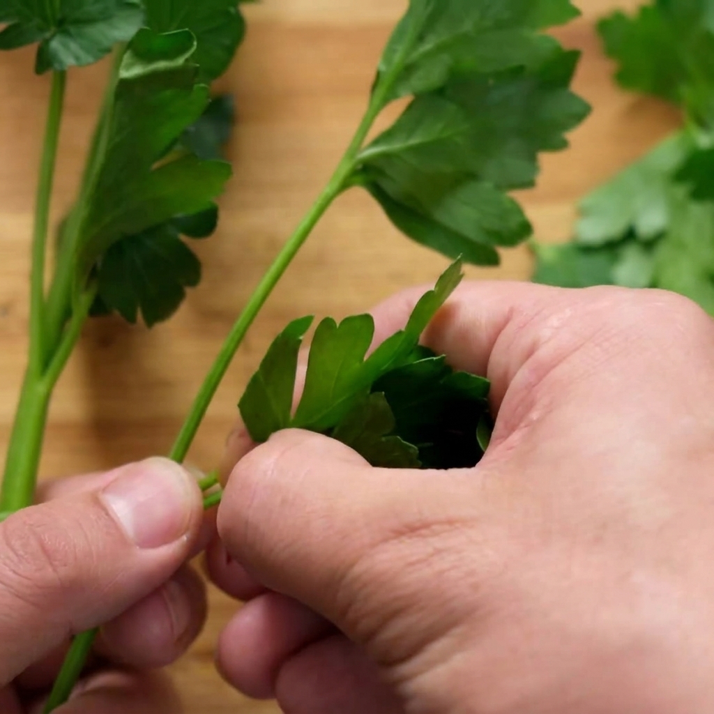 Mains détachant délicatement les feuilles de persil frais de leurs tiges épaisses.