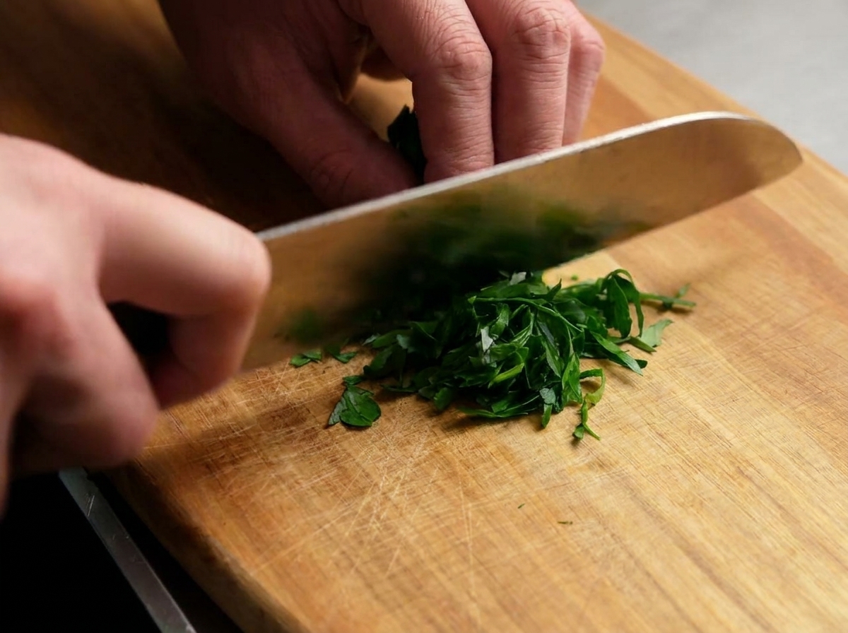 Hachage de feuilles de persil frais sur une planche en bois à laide dun grand couteau de chef.