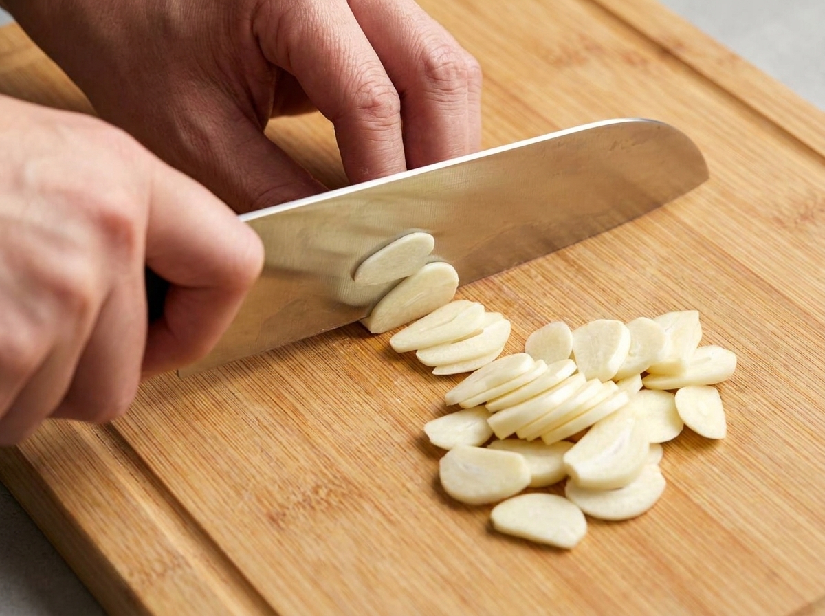 Mains coupant des gousses dail pelées en fines lamelles régulières sur une planche en bois.