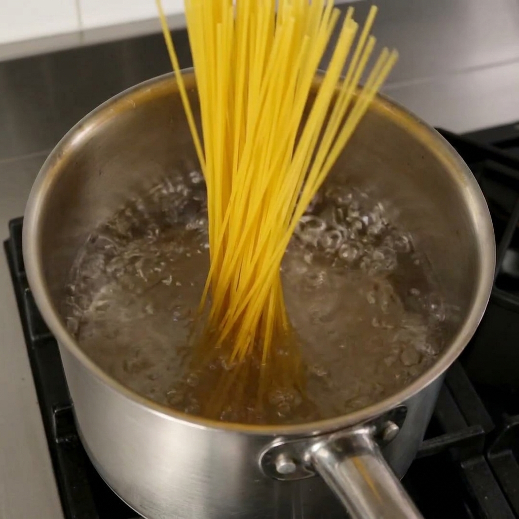 Un faisceau de spaghetti secs plongé dans une casserole deau bouillante salée.