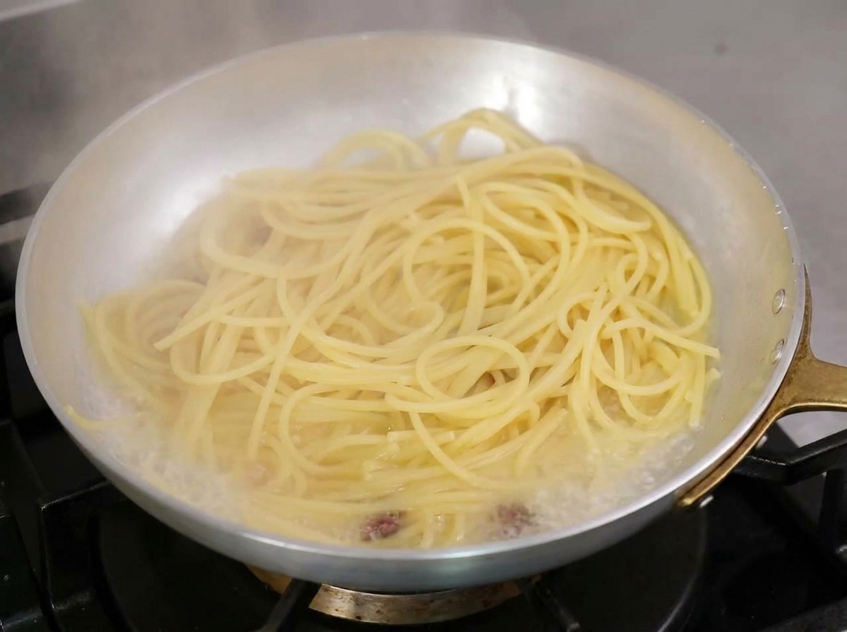 Spaghetti bouillonnant rapidement dans la poêle avec leau de cuisson amidonnée et lhuile.