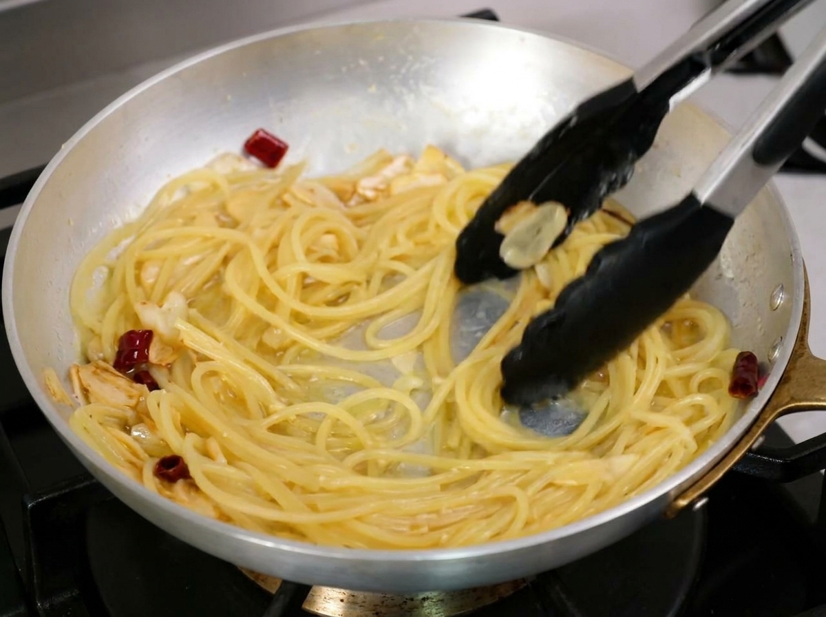 Mélange vigoureux des spaghetti à la pince pour créer une sauce ail et huile émulsionnée.