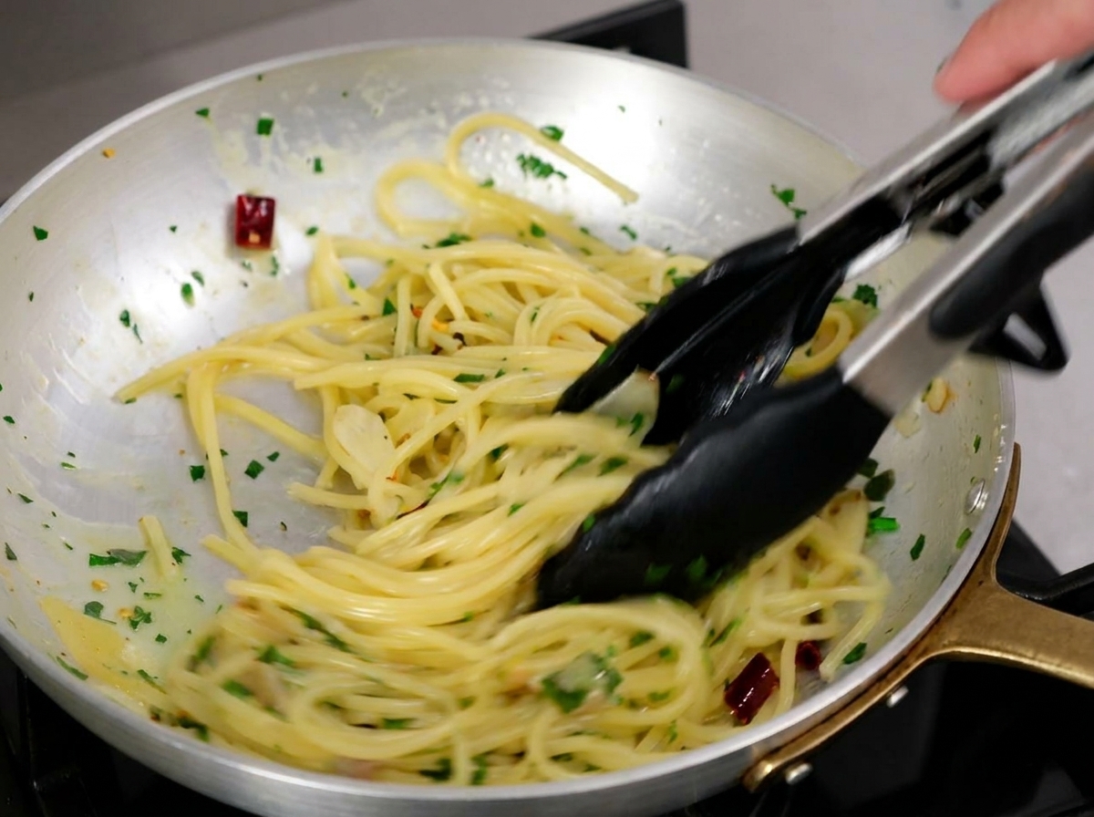 Un nid de spaghetti dans un bol en céramique, décoré dherbes vertes et de lamelles dail dorées.