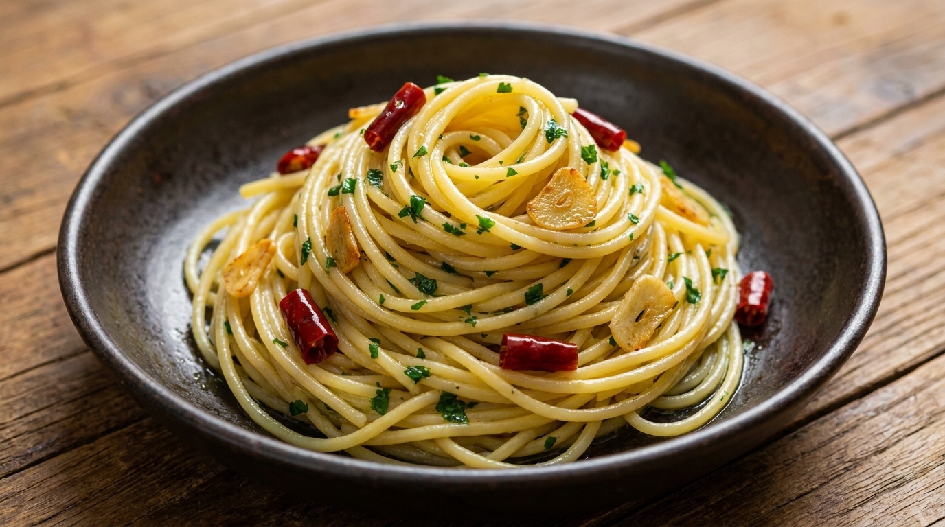 Un nid de spaghetti aglio e olio parfaitement dressé, garni dail doré, de piment et de persil frais.