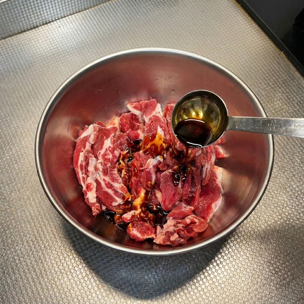Versement de sauce soja foncée dune cuillère doseuse sur des tranches de bœuf cru dans un bol en métal.