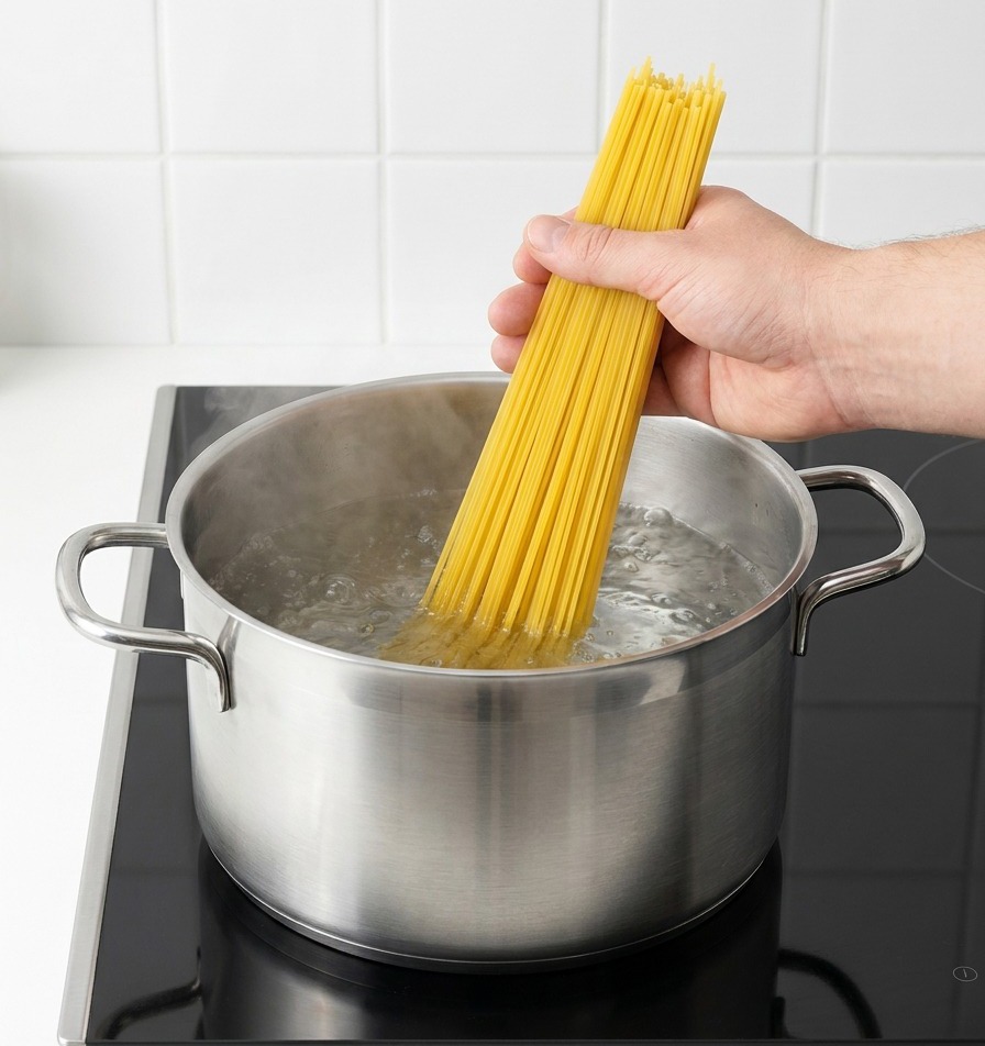 Une main plaçant un paquet de spaghetti secs verticalement dans une casserole deau bouillante.