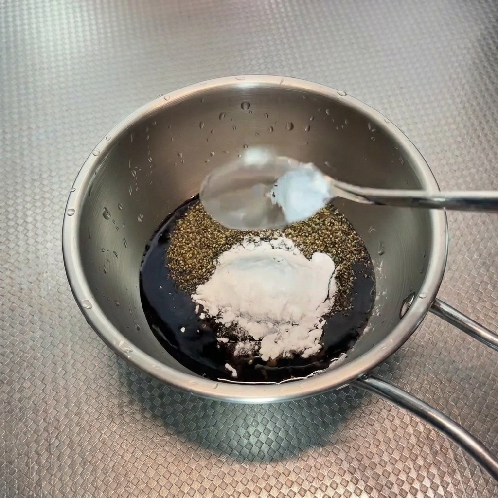 Une cuillère ajoutant de la fécule blanche dans un petit bol contenant un mélange de sauce sombre.