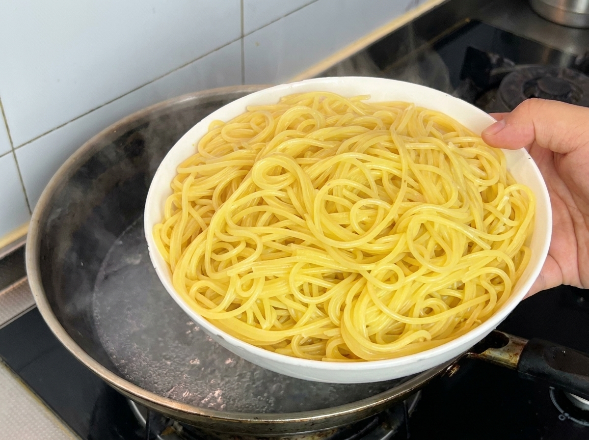 Une main tenant un bol blanc rempli de spaghetti fraîchement bouillis au-dessus dune casserole deau fumante.