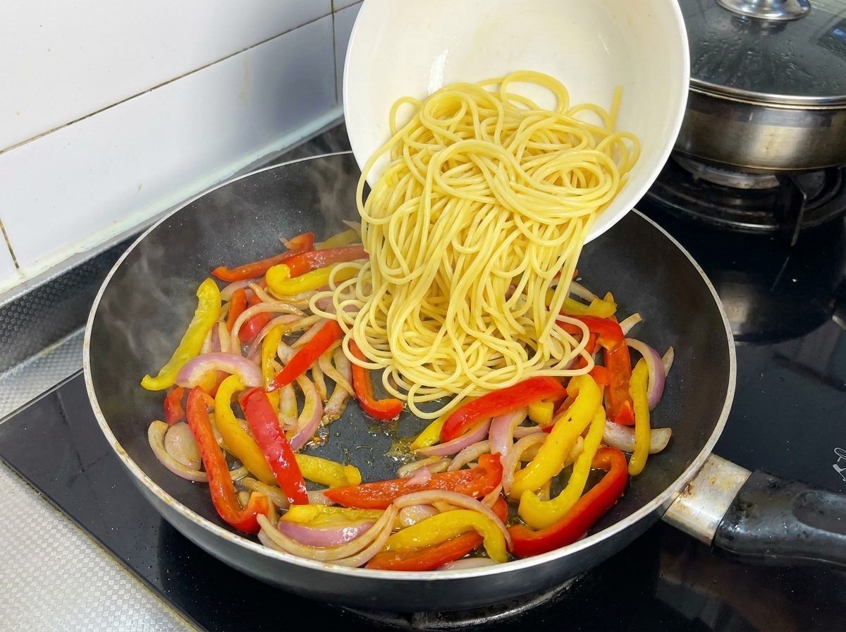 Spaghetti bouillis versés dun bol blanc sur un mélange de poivrons et doignons sautés dans une poêle.