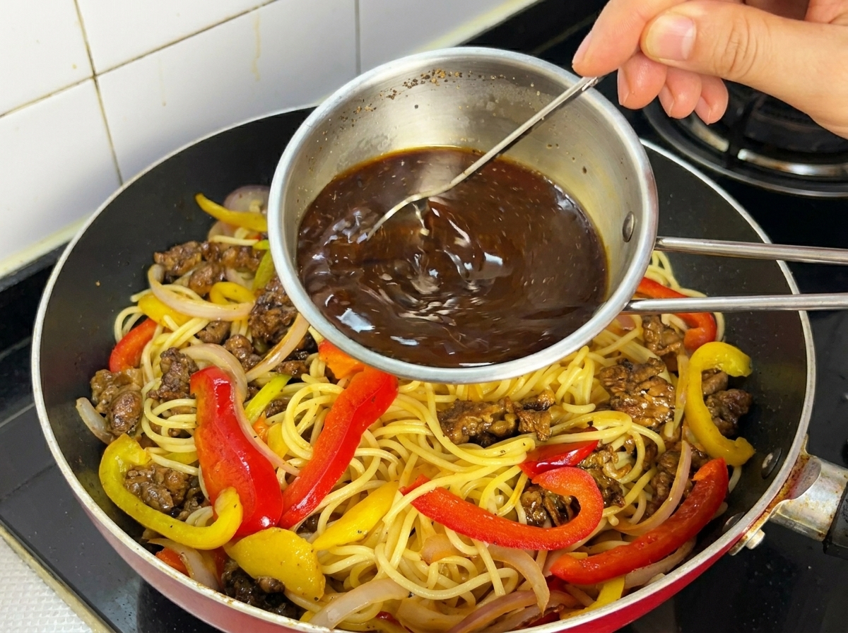 Sauce sombre au poivre noir versée dun bol doseur sur les spaghetti, le bœuf et les légumes dans la poêle.