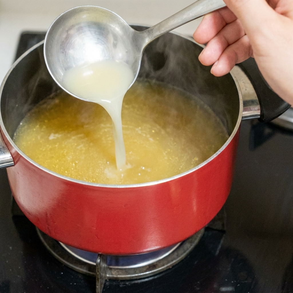 Une main versant une cuillère de sel dans une casserole rouge de spaghetti en ébullition.