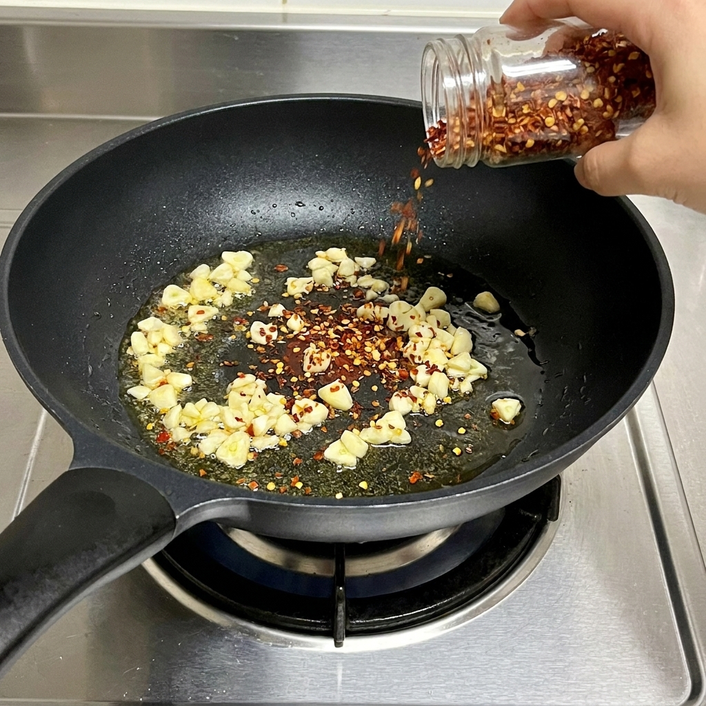 Des flocons de piment rouge versés depuis un bocal à épices dans la poêle contenant lail sauté.
