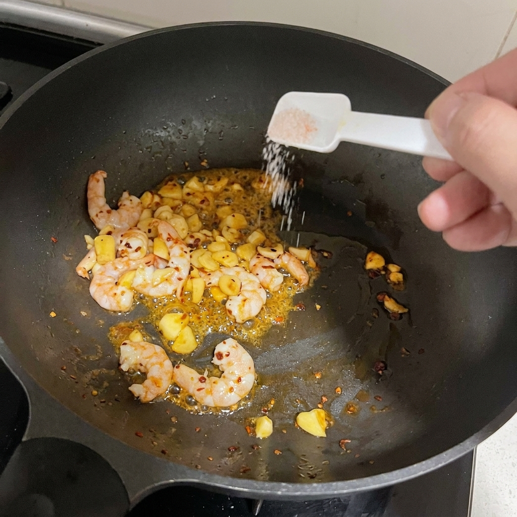 Une petite cuillère doseuse saupoudrant du sel sur des crevettes rosées et de lail doré dans un wok noir.