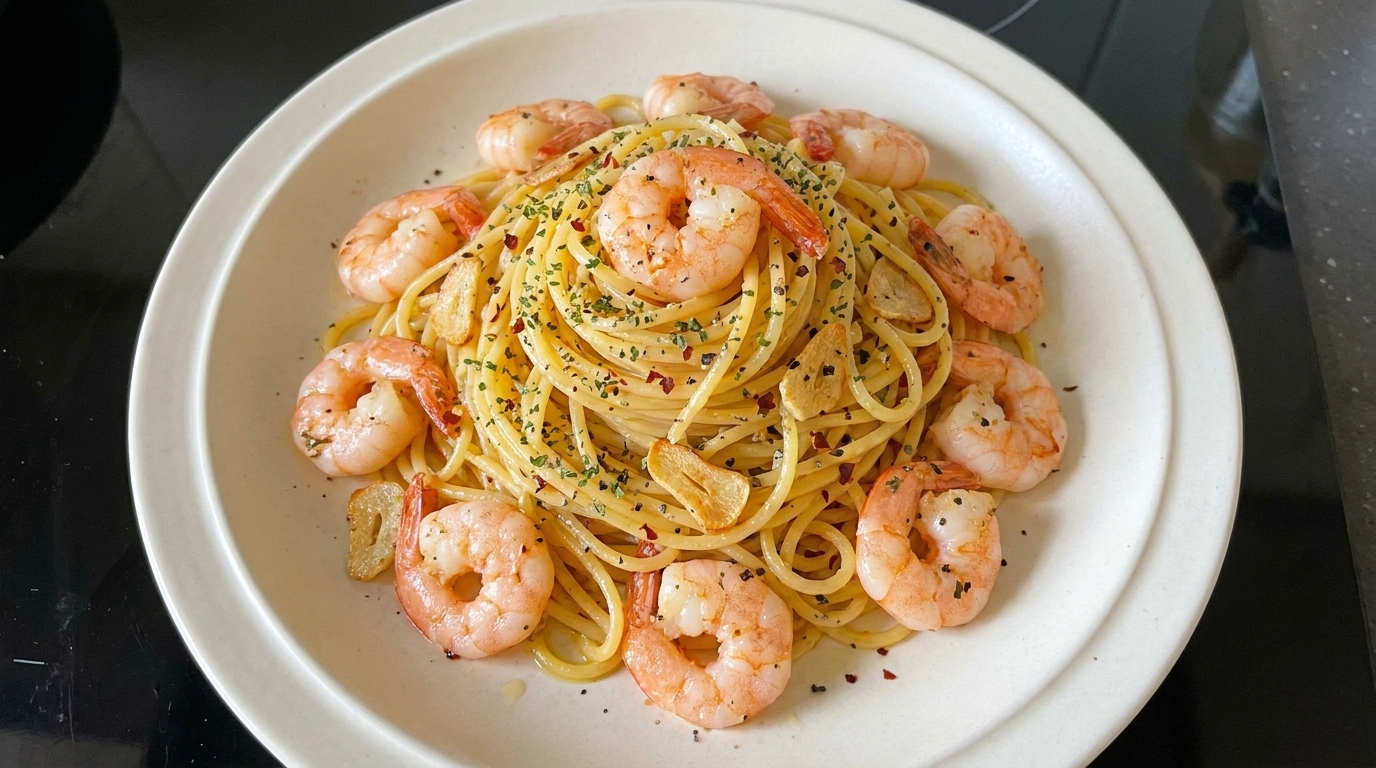 Pâtes aux crevettes à l'ail (Aglio e Olio)