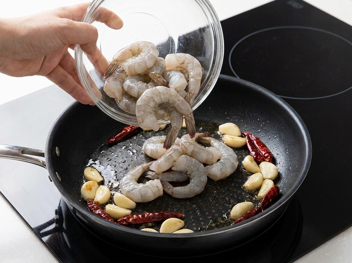 Des crevettes crues versées dun bol en verre dans une poêle chaude avec des gousses dail et des piments séchés.