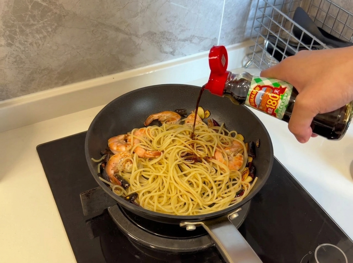 De la sauce soja claire versée dune bouteille sur des spaghettis et des crevettes cuites dans une poêle.