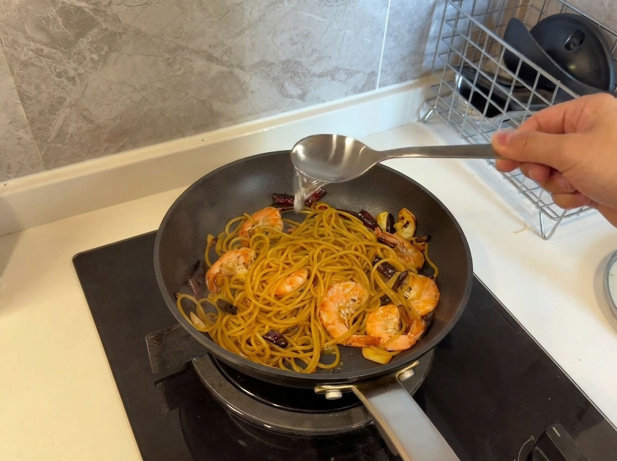Une cuillère en métal verse de leau de cuisson claire des pâtes dans une poêle remplie de spaghettis aux crevettes et à lail.