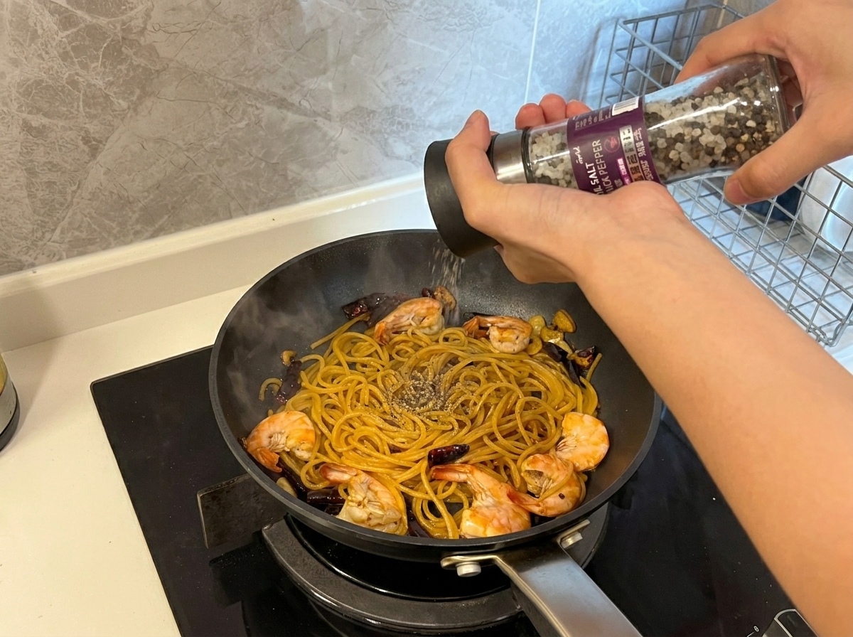 Du poivre noir frais moulu avec un moulin sur une poêle contenant des crevettes et des spaghettis cuits.