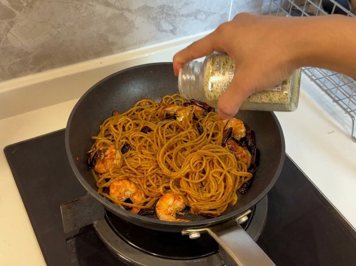 Des flocons de persil séché saupoudrés dun bocal en verre sur une poêle chaude de pâtes aux crevettes et à lail terminées.