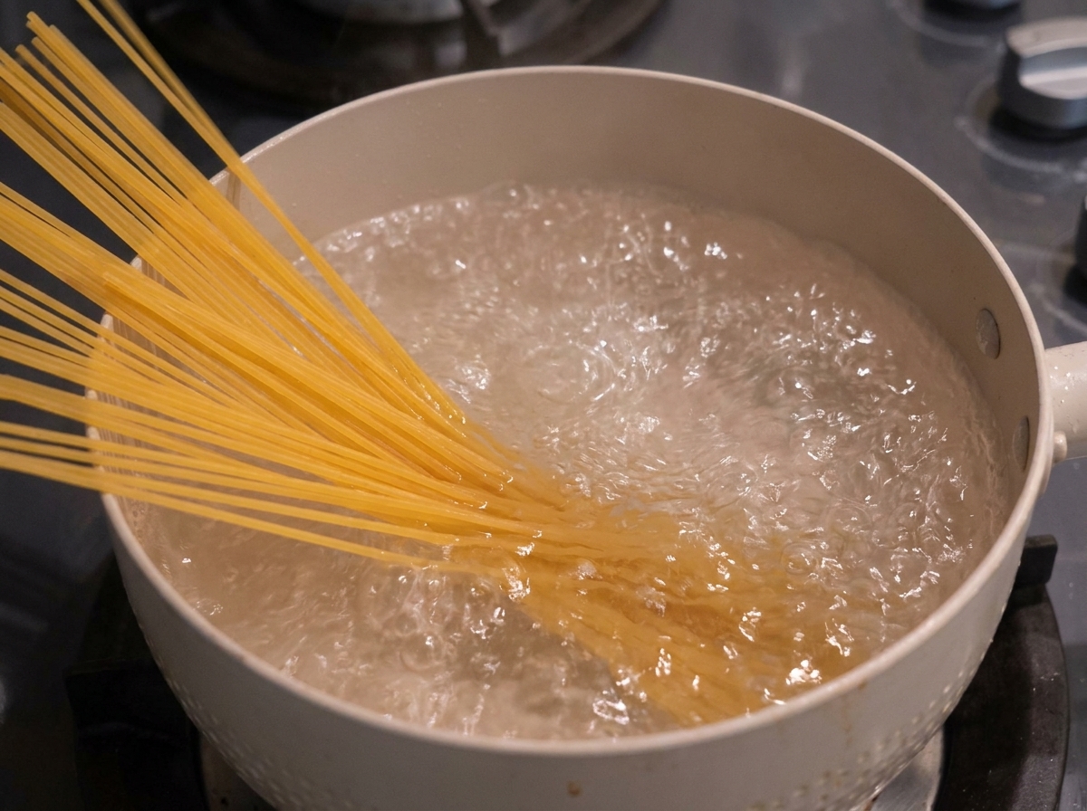 Spaghetti secs immergés dans une casserole deau bouillante.