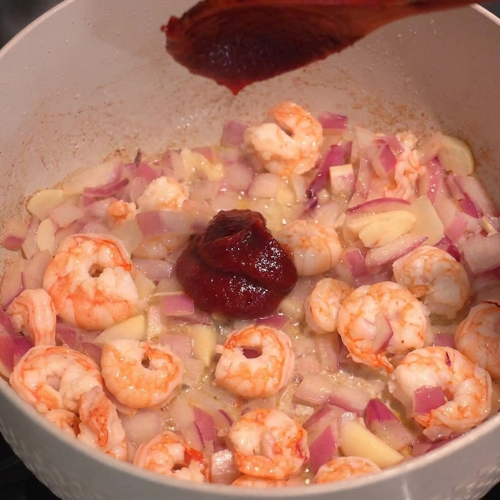 Une dose de pâte de piment coréenne rouge ajoutée aux crevettes partiellement cuites dans une poêle.