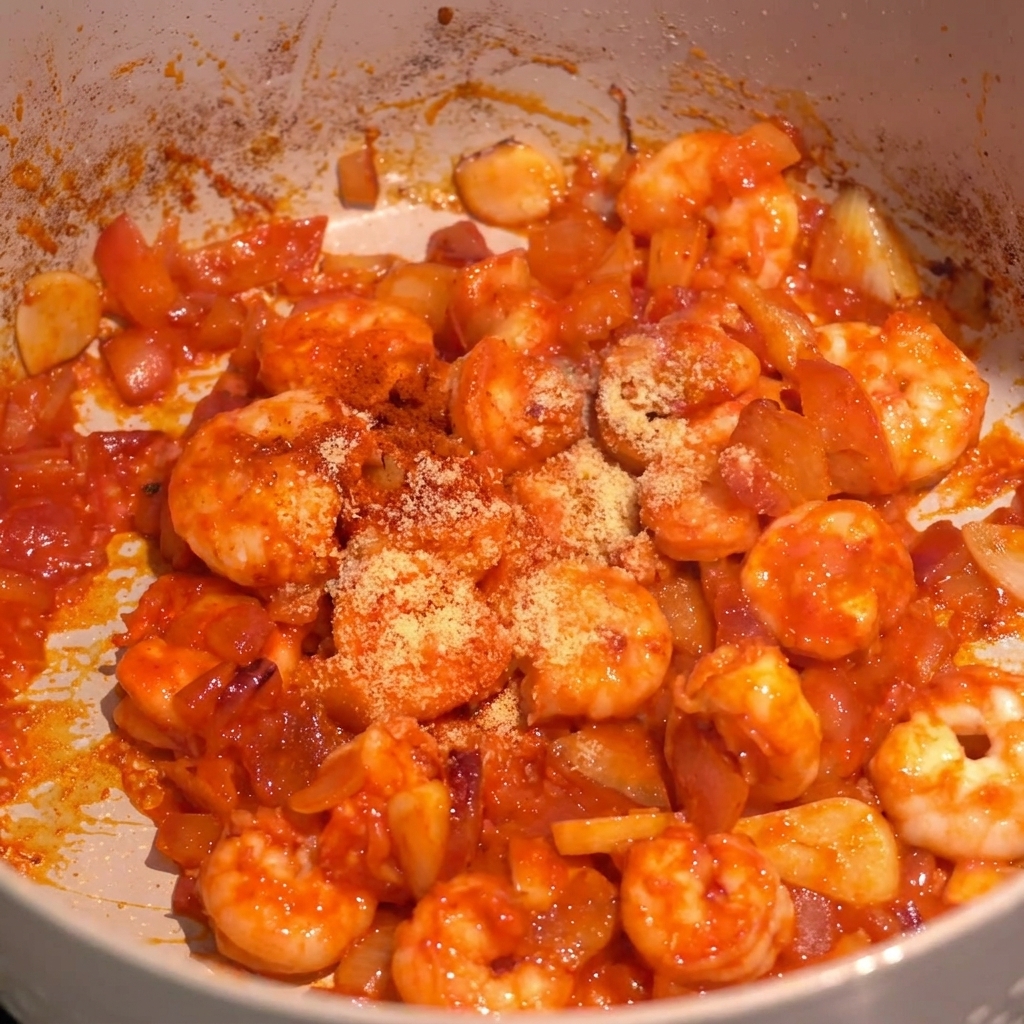 Gros plan de crevettes et oignons dans une sauce rouge avec des épices sèches fraîchement saupoudrées.