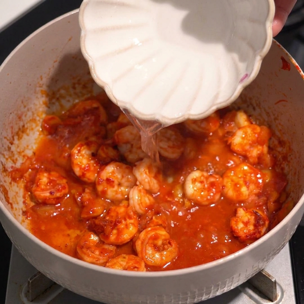 Main versant de leau dun petit bol dans une poêle contenant des crevettes assaisonnées dans une sauce rouge.