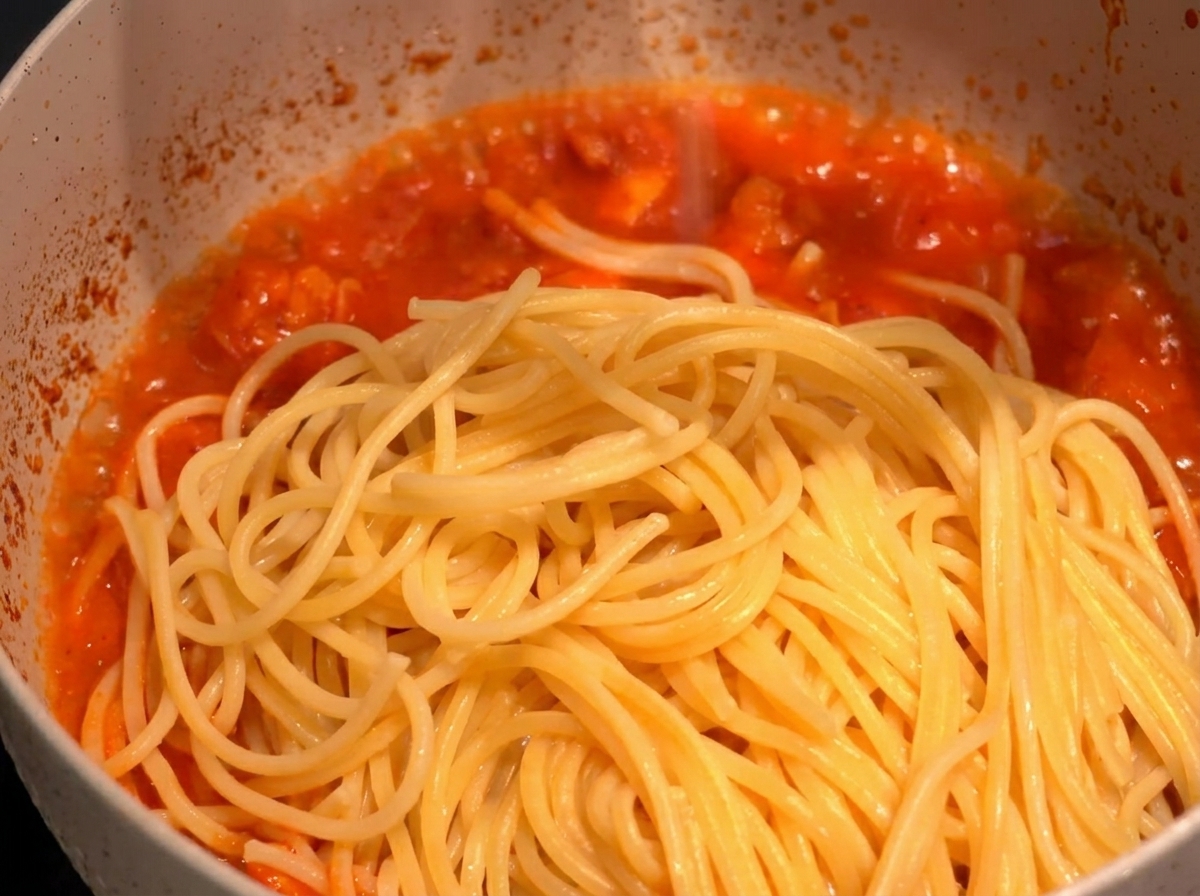Spaghetti fraîchement bouillis déposés sur une sauce rouge bouillonnante avec des crevettes.