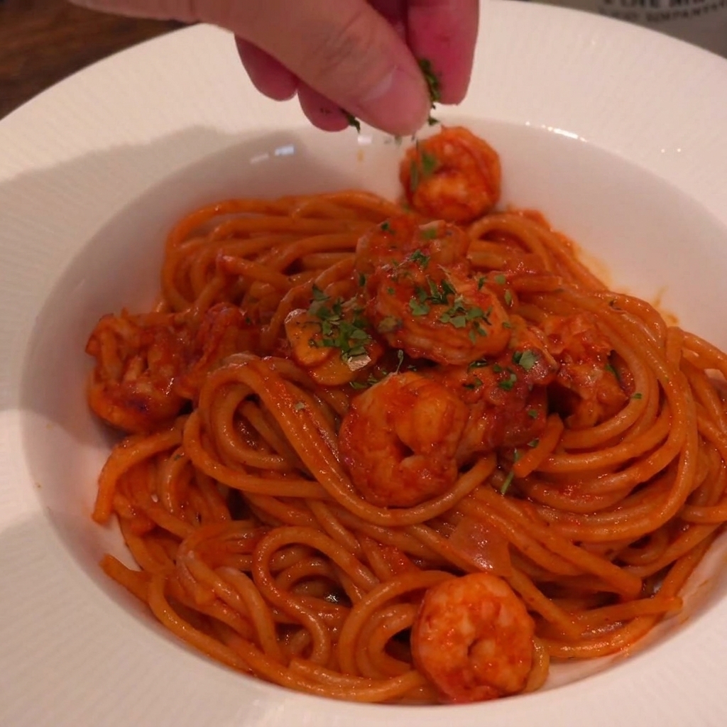 Une main saupoudrant du persil haché sur un bol de pâtes aux crevettes pimentées.
