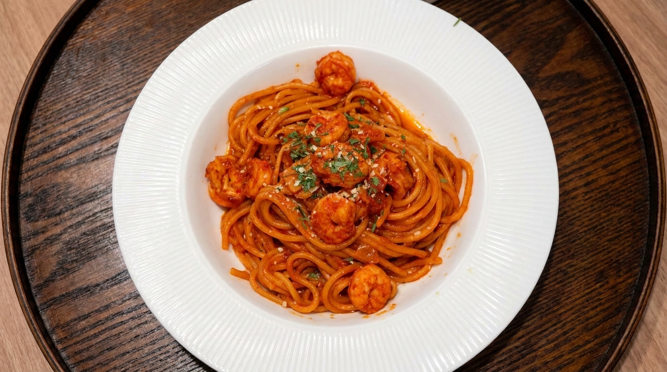 Pâtes aux crevettes pimentées à l'ail, façon coréenne