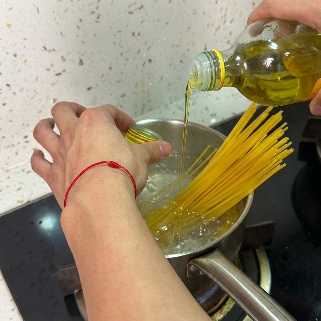 Une main versant de lhuile dolive dorée depuis une bouteille dans une casserole de spaghettis en ébullition.