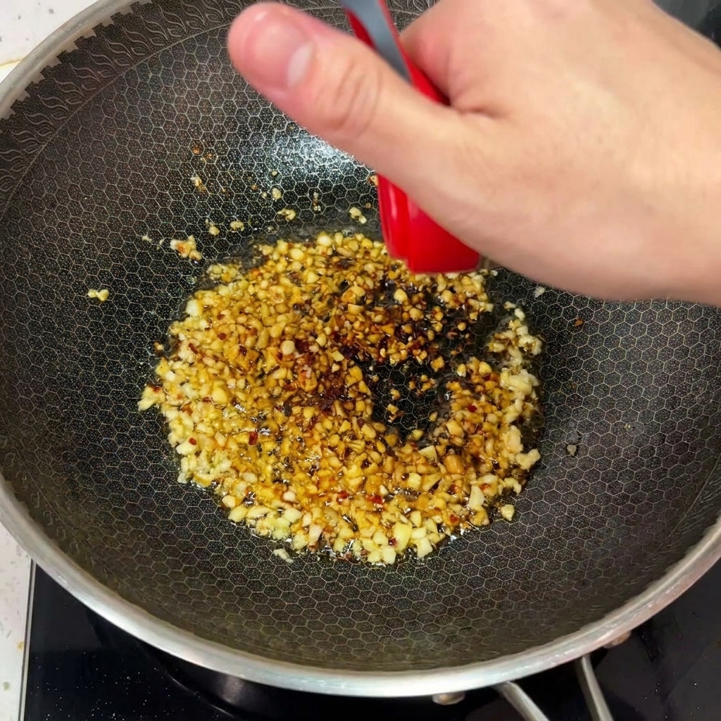Une main saupoudrant des flocons de piment rouge dans un wok où crépite lail haché.