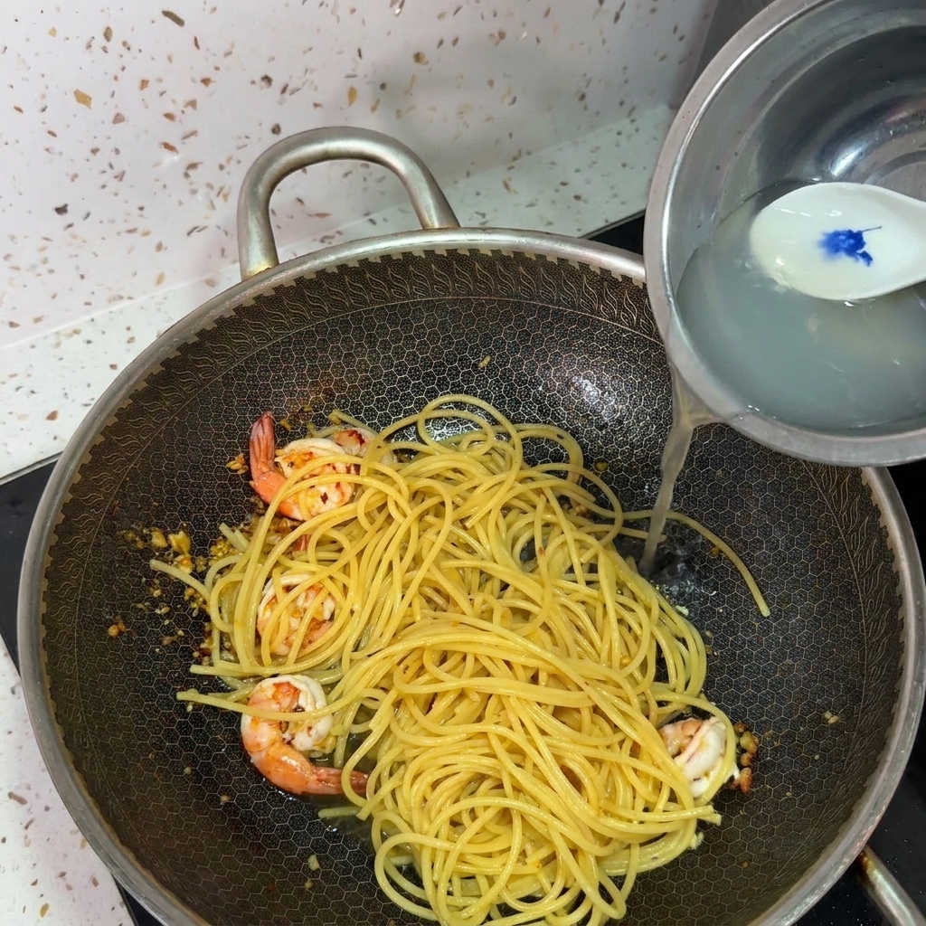 Verser de leau de cuisson trouble et amidonnée dun bol vers le wok de spaghettis aux crevettes.