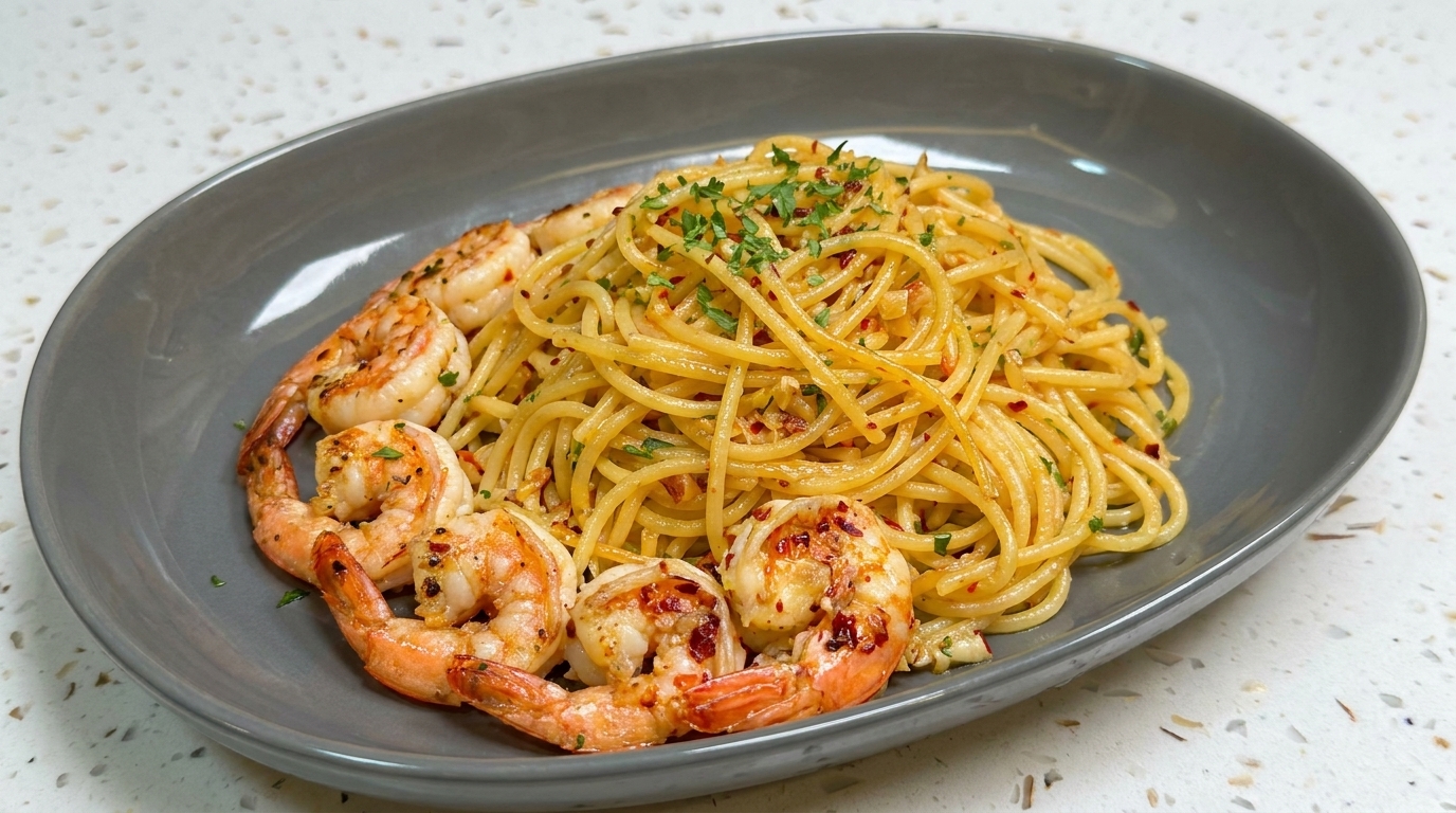 Pâtes Aglio e Olio aux Crevettes et Beurre à l'Ail