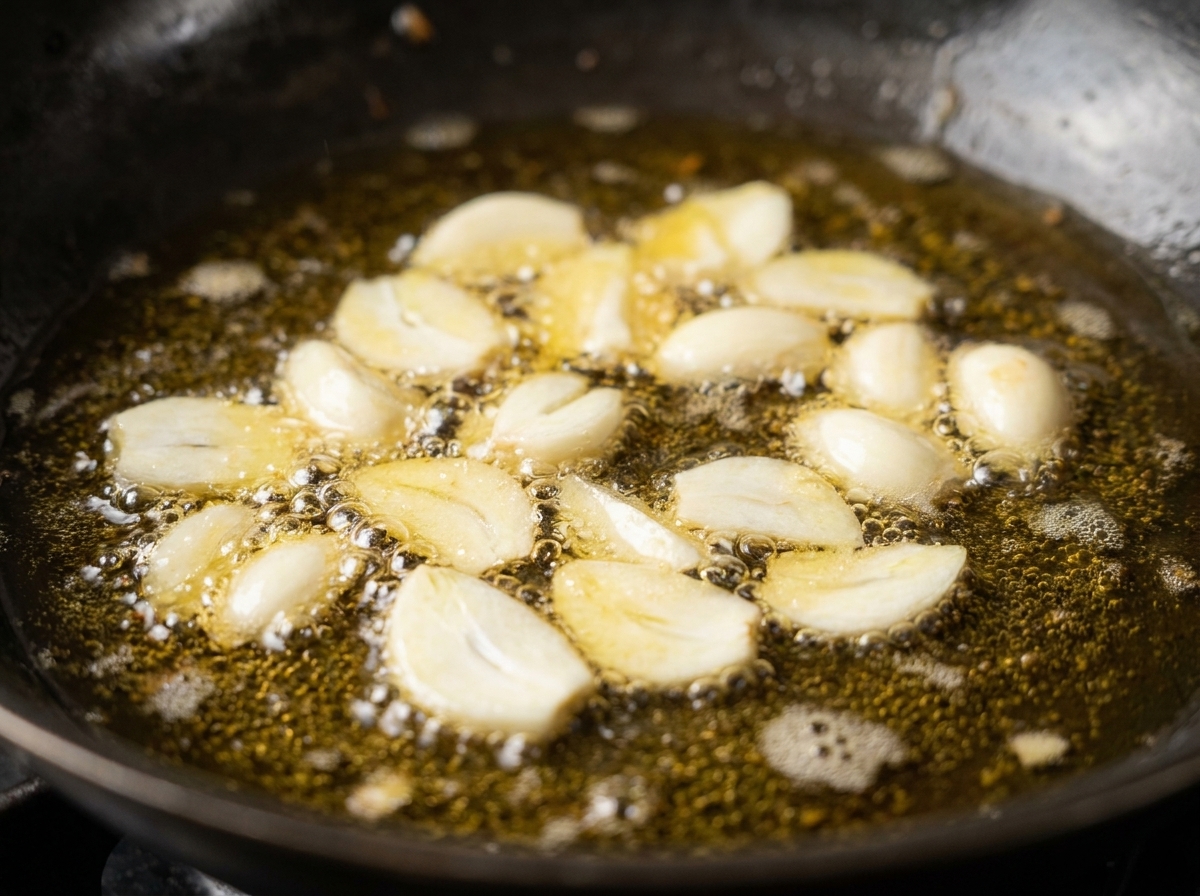 De lail émincé grésillant doucement dans une poêle dhuile dorée infusée aux crevettes.