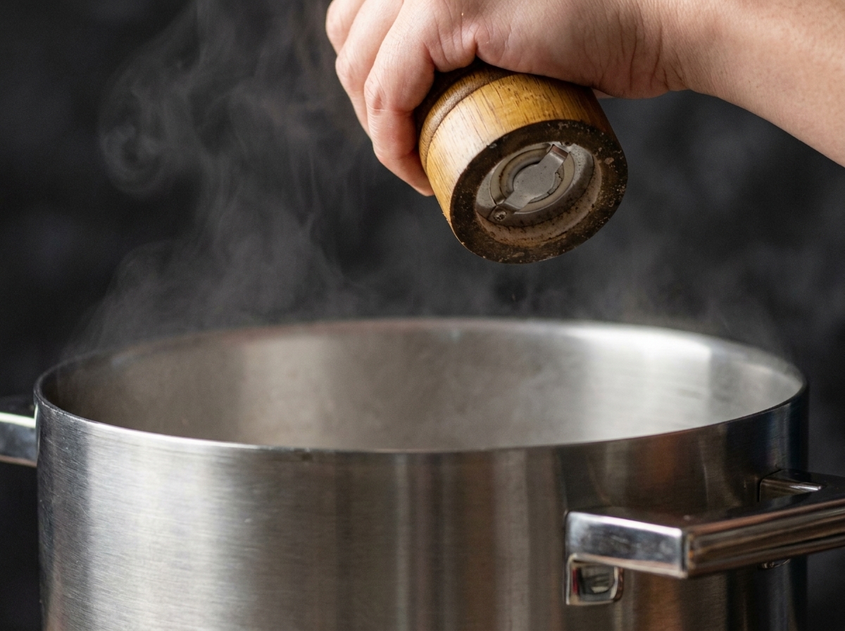 Un moulin à sel utilisé au-dessus dune marmite en inox remplie deau bouillante fumante.