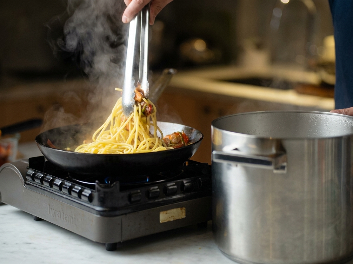 Une louche en métal versant de leau de cuisson trouble dans une poêle remplie de crevettes et de spaghetti.
