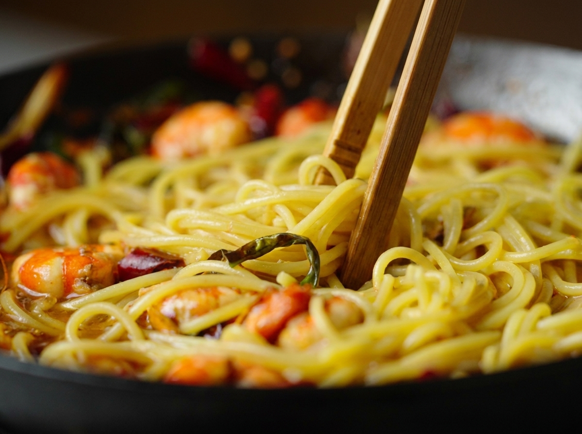 Des baguettes mélangeant vigoureusement des spaghetti avec des crevettes et des piments dans une poêle.