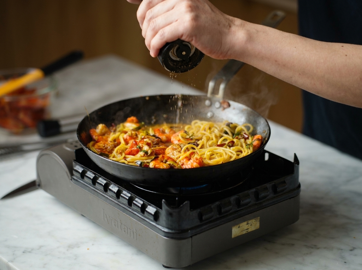 Des mains utilisant un moulin pour ajouter du sel sur une poêle de spaghetti à lail et aux crevettes.