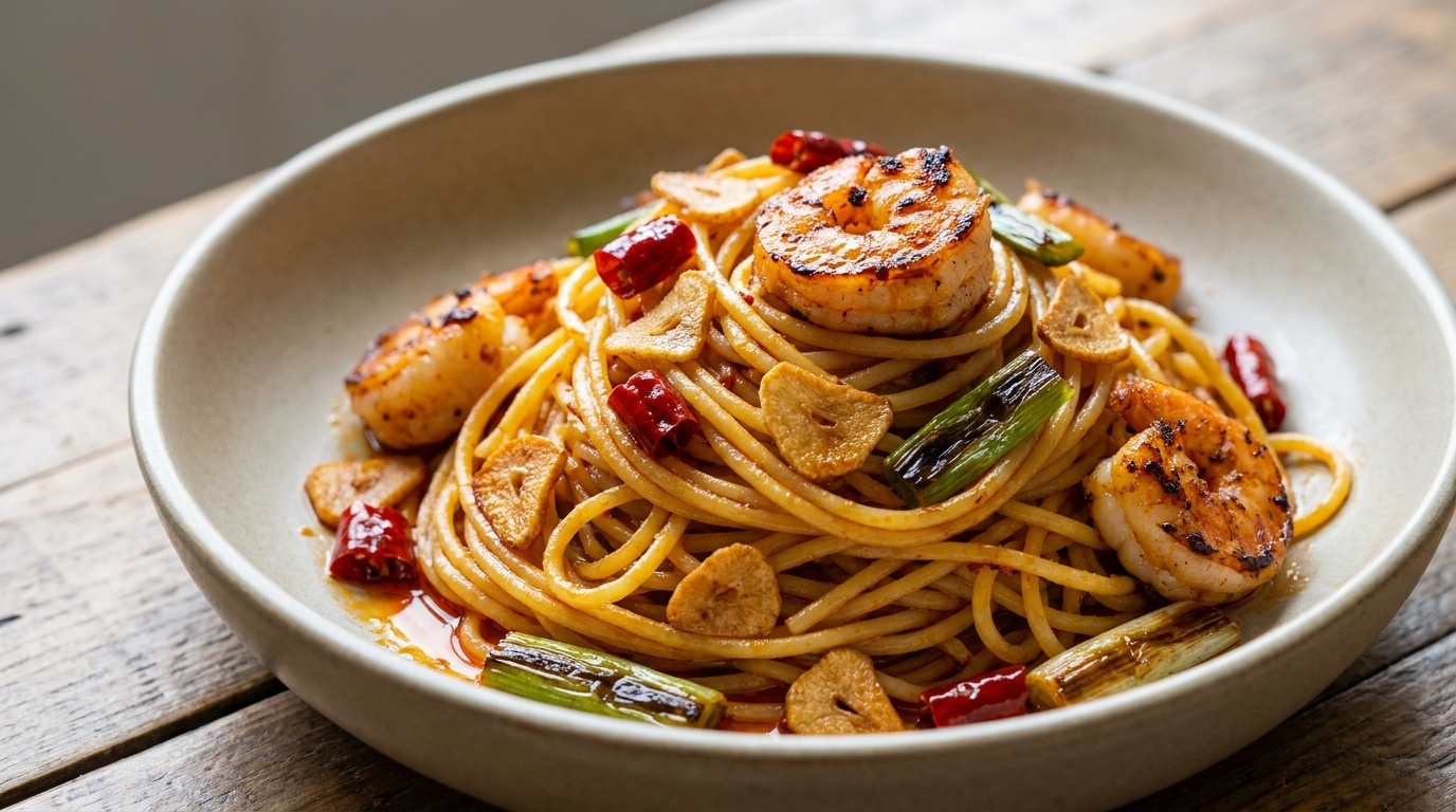 Spaghetti à l'Huile de Crevettes, Ail et Oignons Verts Grillés