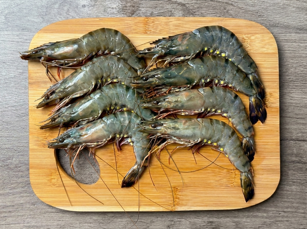 Crevettes crues entières disposées sur une planche à découper en bois.