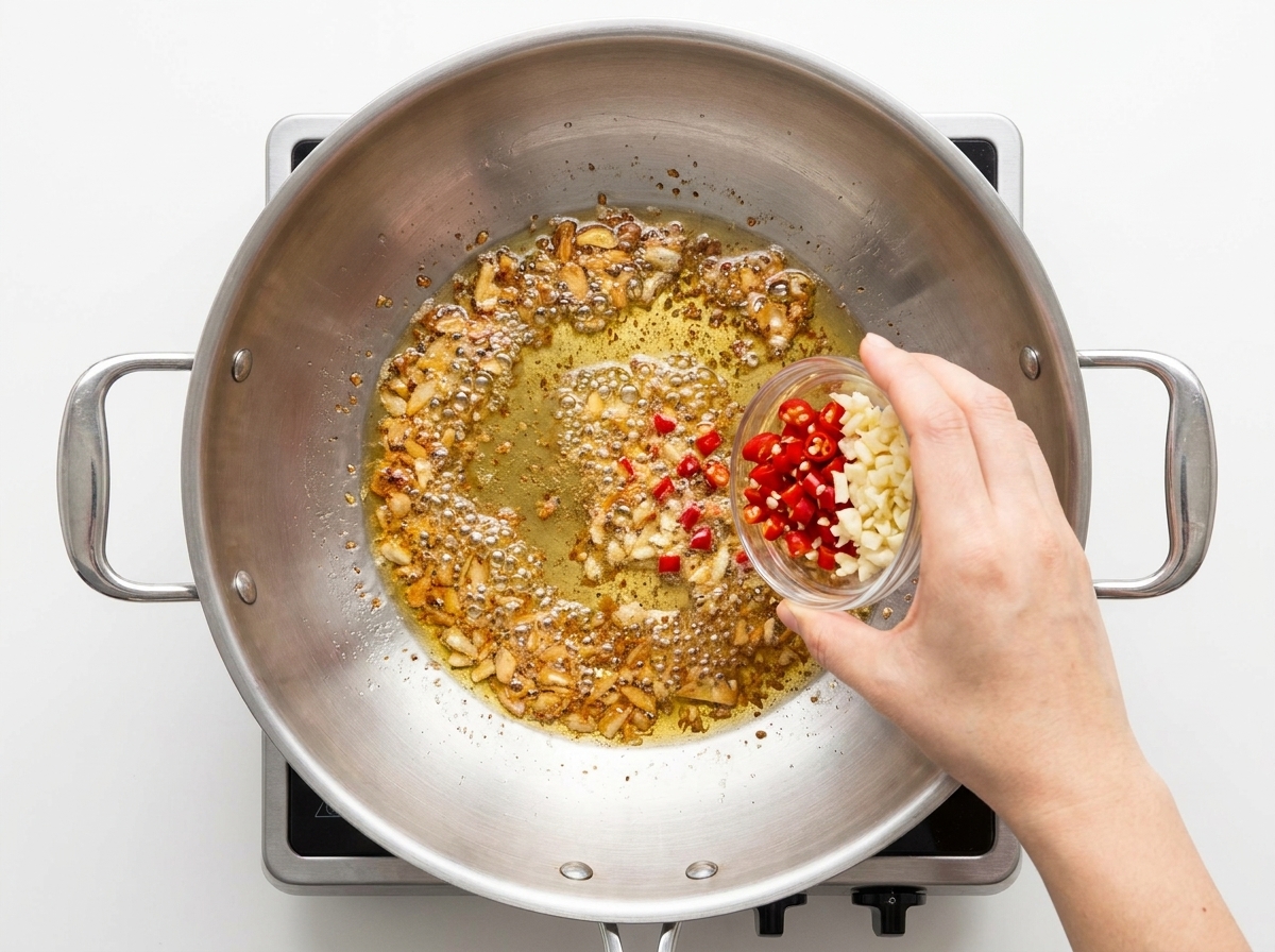 Piment et ail mélangés dans une poêle dhuile assaisonnée.