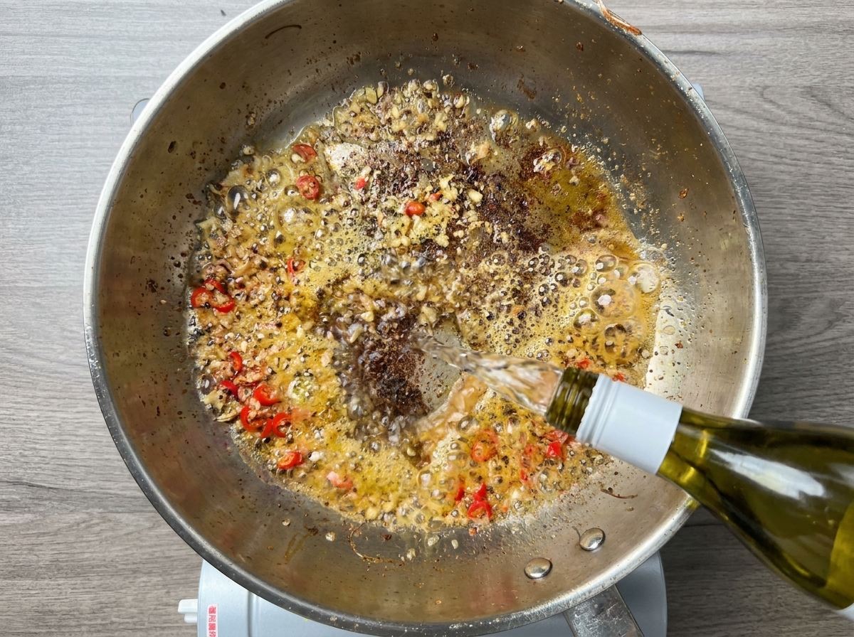 Vin blanc versé dune bouteille dans la poêle chaude avec la sauce à lail.