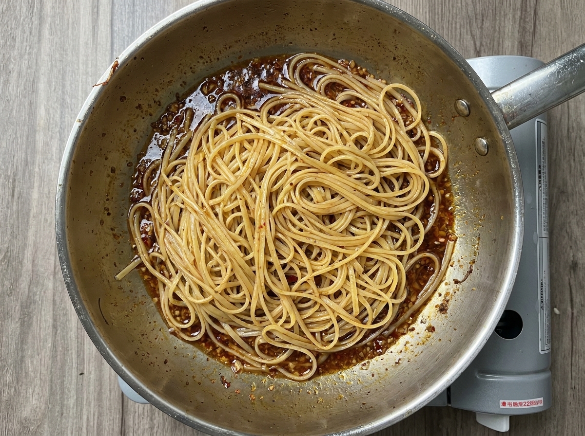 Linguines cuites mélangées à la sauce rouge à lail dans la poêle.