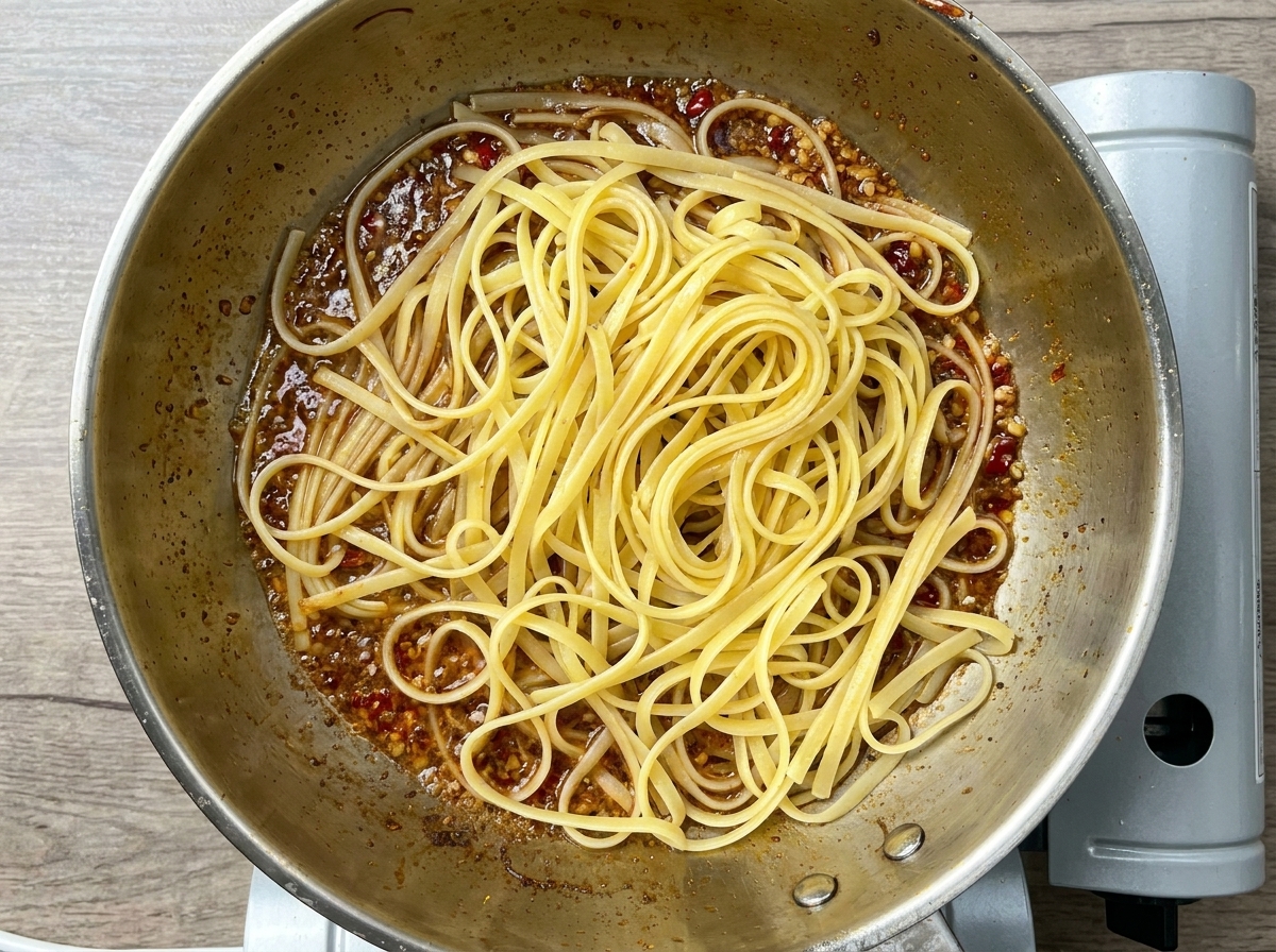 Linguines reposant dans la sauce à lail et au piment dans la poêle.