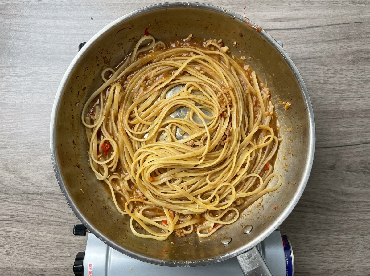 Linguines enrobées de sauce brillante dans une poêle en inox.