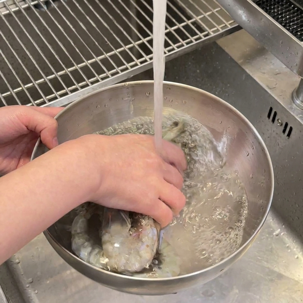Mains lavant des crevettes crues entières dans un bol métallique sous un filet deau courante.