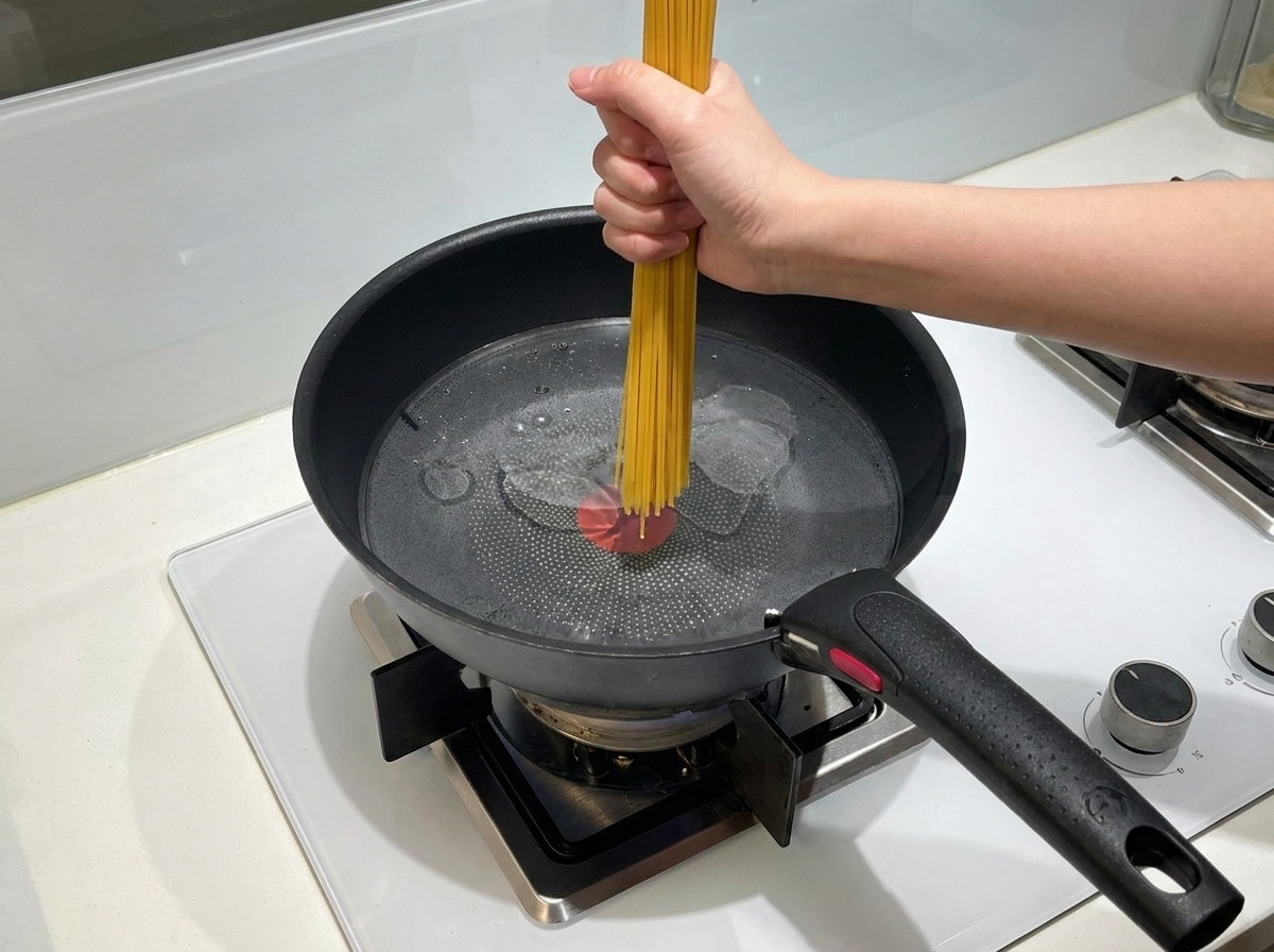 Une main tenant une poignée de spaghettis secs verticalement et les plongeant dans une casserole deau bouillante.
