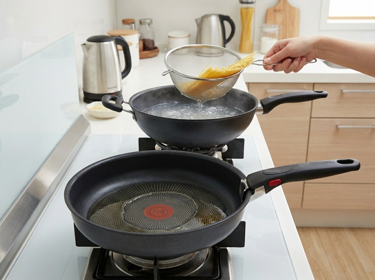 Une écumoire soulevant des spaghettis cuits hors dune casserole deau chaude à côté dune poêle vide sur une cuisinière.